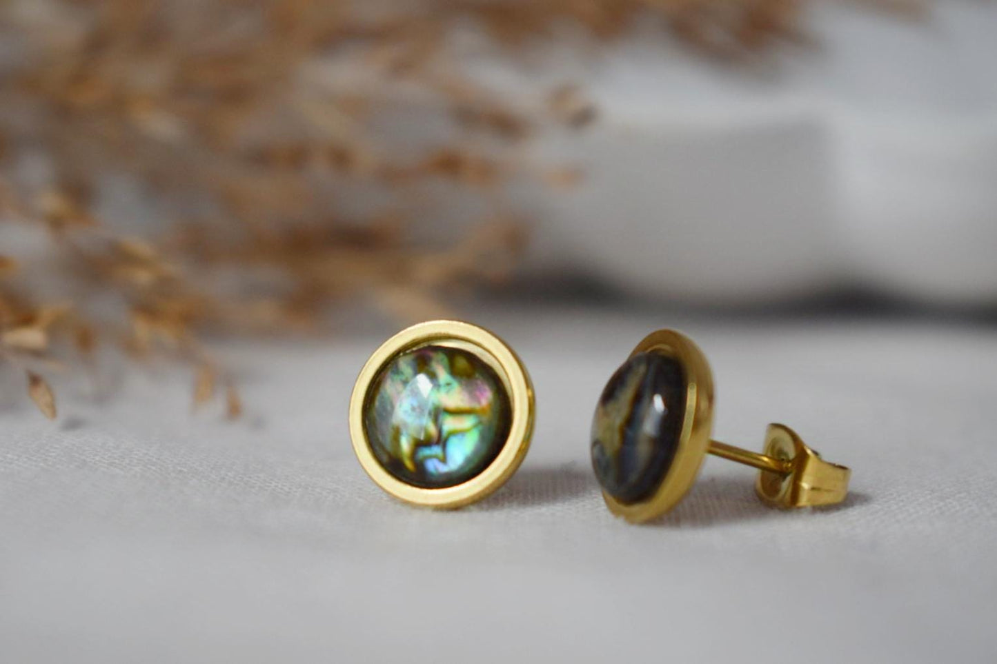 Abalone shell stud earrings gold, Small colorful mother of pearl stud earrings, 8mm studs, Round, Abalone pearl gold jewelry, Gift for women
