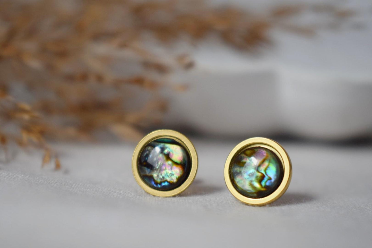 Abalone shell stud earrings gold, Small colorful mother of pearl stud earrings, 8mm studs, Round, Abalone pearl gold jewelry, Gift for women