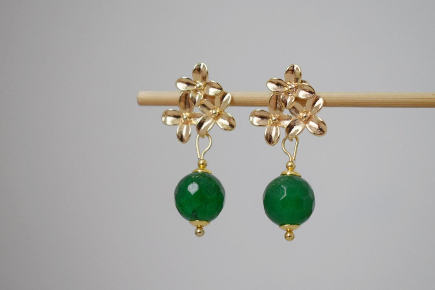 Green jade earrings with 18K gold plated flower studs, Pendant dangle drop shell earrings, Royal earrings, Unique jewelry, Best gift for her