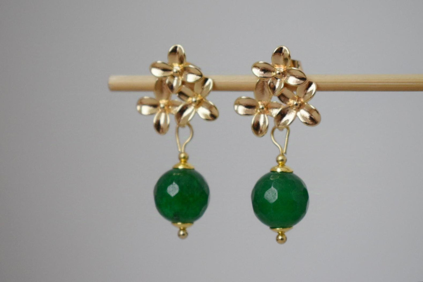 Green jade earrings with 18K gold plated flower studs, Pendant dangle drop shell earrings, Royal earrings, Unique jewelry, Best gift for her