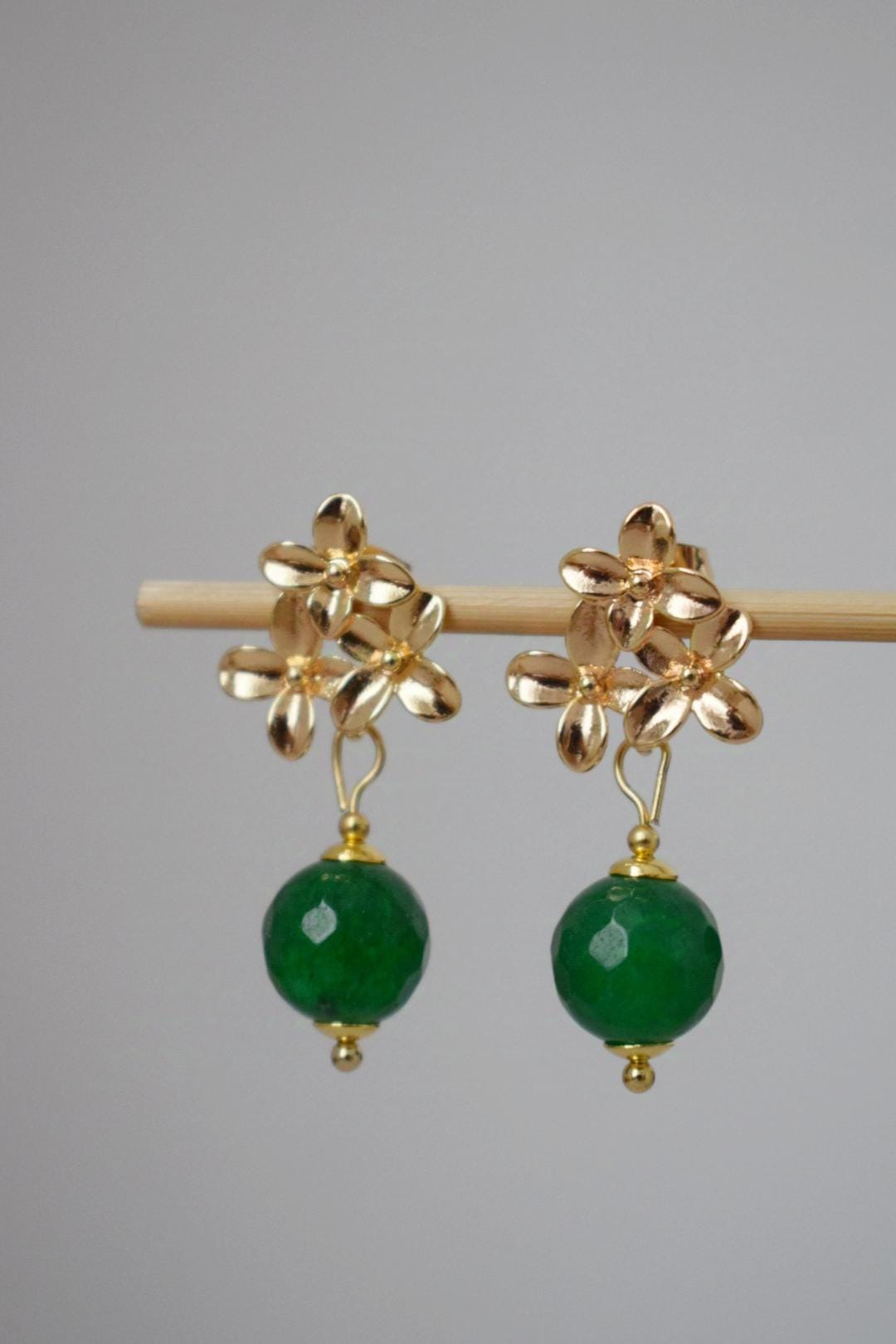 Green jade earrings with 18K gold plated flower studs, Pendant dangle drop shell earrings, Royal earrings, Unique jewelry, Best gift for her