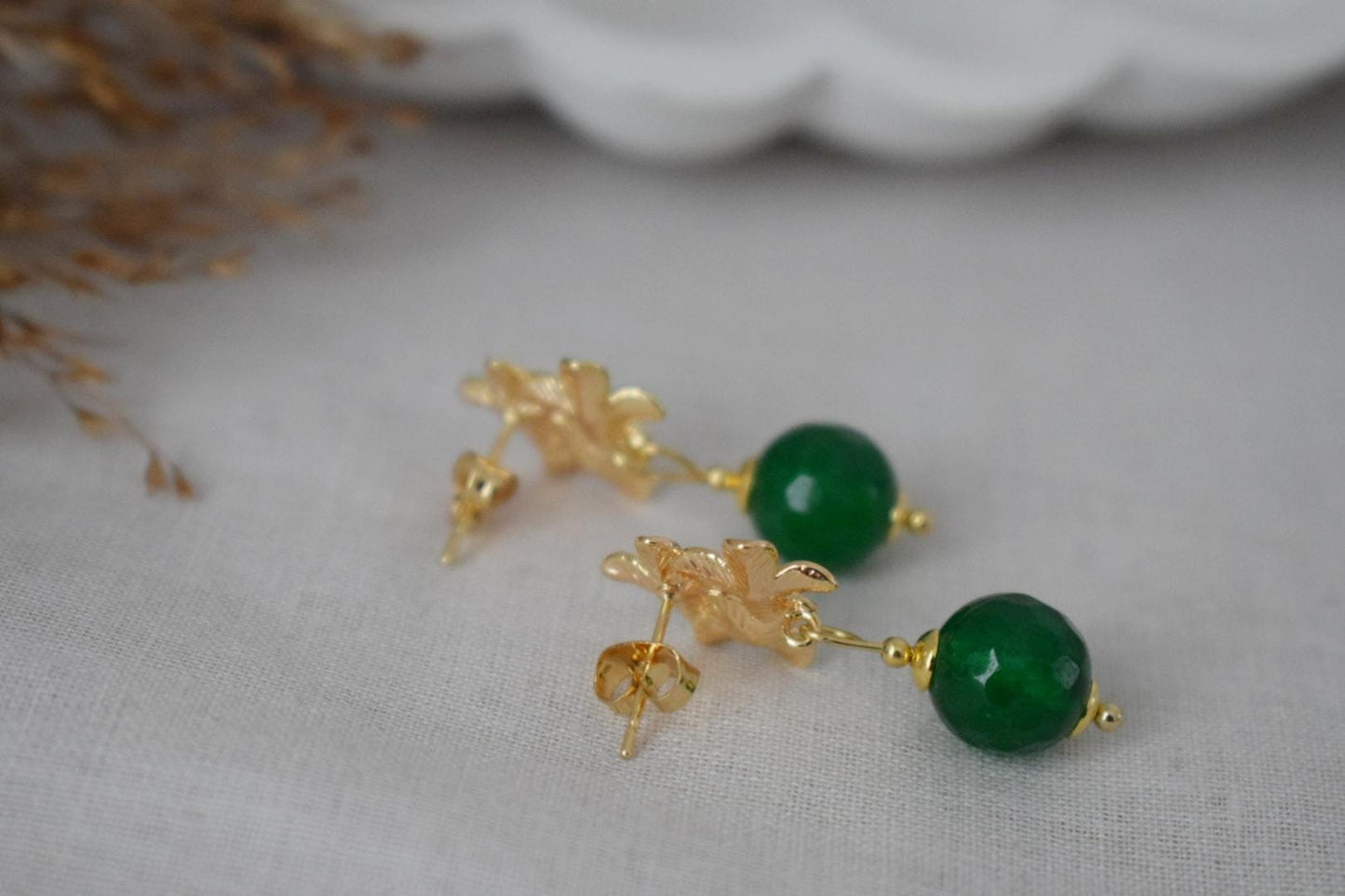 Green jade earrings with 18K gold plated flower studs, Pendant dangle drop shell earrings, Royal earrings, Unique jewelry, Best gift for her