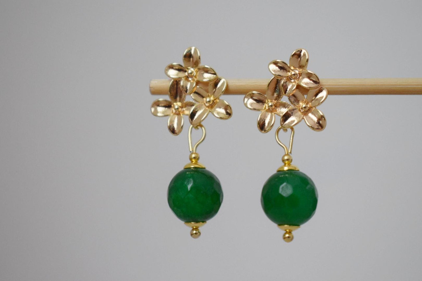 Green jade earrings with 18K gold plated flower studs, Pendant dangle drop shell earrings, Royal earrings, Unique jewelry, Best gift for her