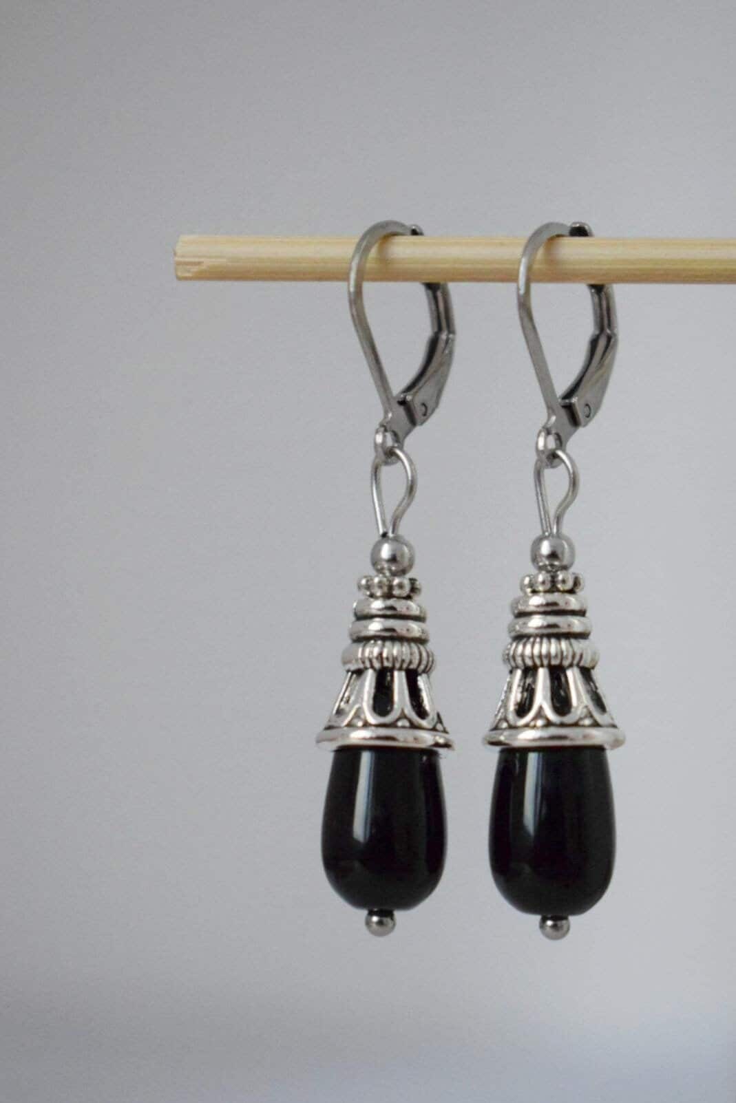 Black Onyx teardrop earrings, Black gemstone silver drop earrings, Vintage stone dangle earrings for women, Handmade jewelry gift for her