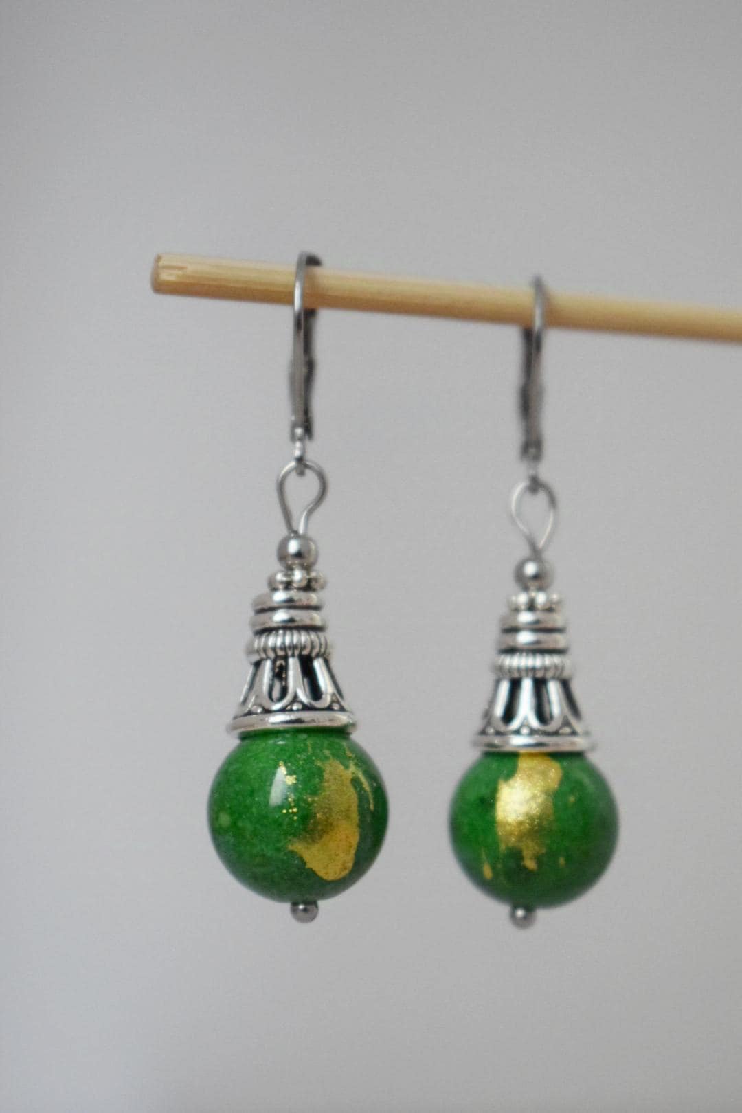 Green jade earrings, Boho gemstone hoop earrings, Vintage dangle and drop earrings, Unique bohemian jewelry, Gift for women