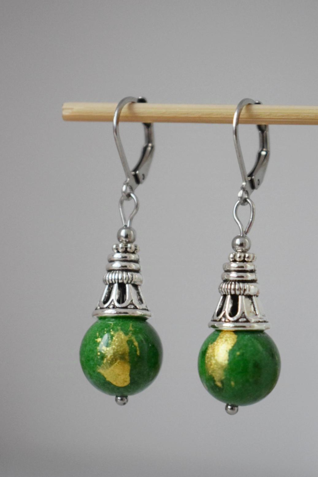 Green jade earrings, Boho gemstone hoop earrings, Vintage dangle and drop earrings, Unique bohemian jewelry, Gift for women
