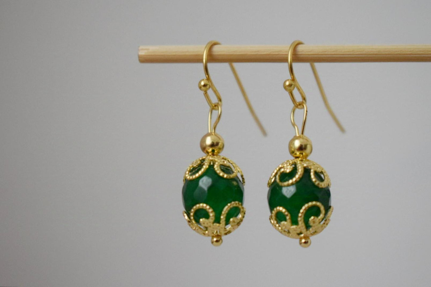Green jade earrings dangle, Gemstone gold earrings, Green faceted earrings, Stone ball earrings, Green jade jewelry, Anniversary gift her
