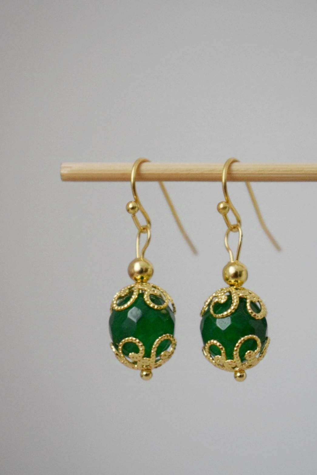 Green jade earrings dangle, Gemstone gold earrings, Green faceted earrings, Stone ball earrings, Green jade jewelry, Anniversary gift her