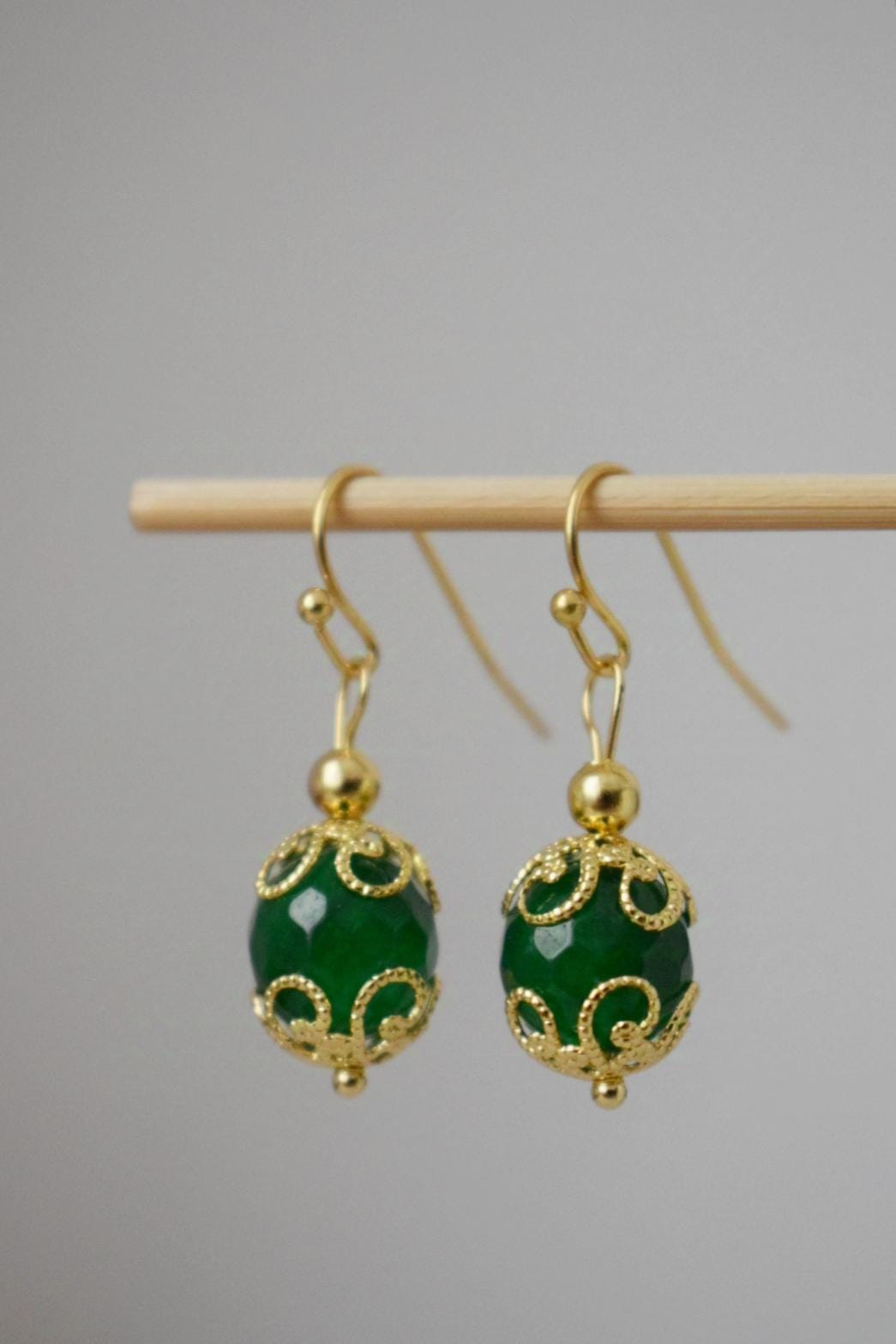 Green jade earrings dangle, Gemstone gold earrings, Green faceted earrings, Stone ball earrings, Green jade jewelry, Anniversary gift her