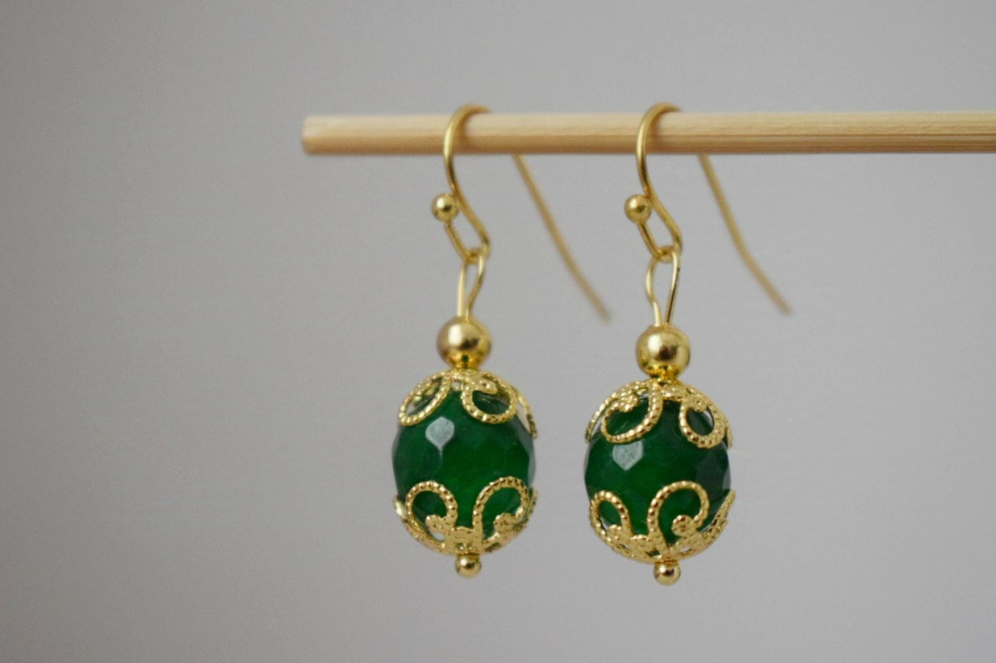 Green jade earrings dangle, Gemstone gold earrings, Green faceted earrings, Stone ball earrings, Green jade jewelry, Anniversary gift her