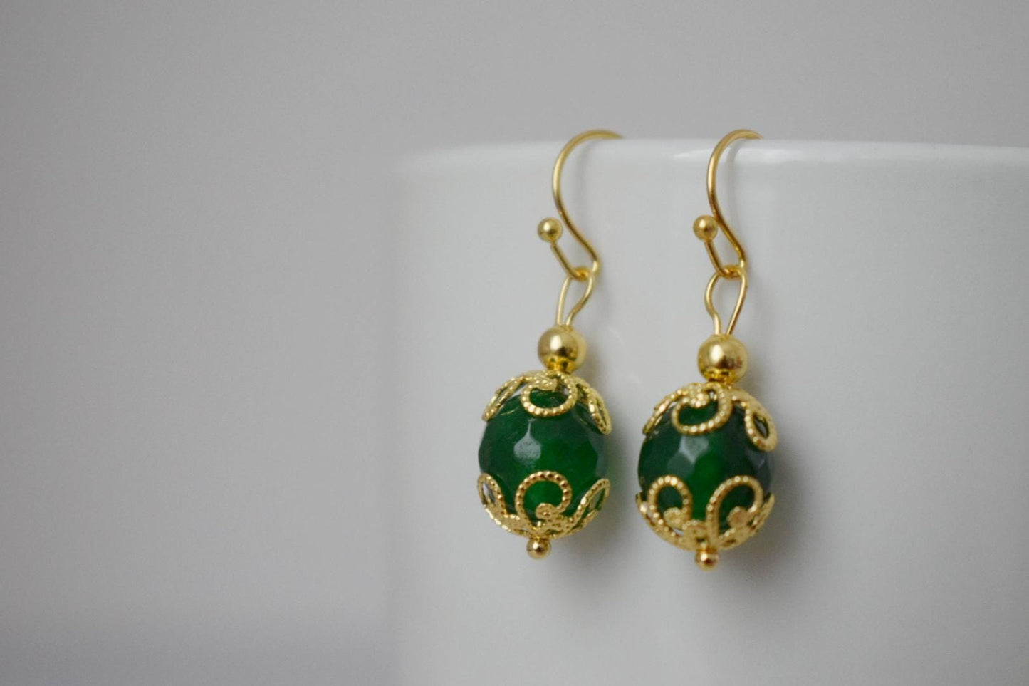 Green jade earrings dangle, Gemstone gold earrings, Green faceted earrings, Stone ball earrings, Green jade jewelry, Anniversary gift her