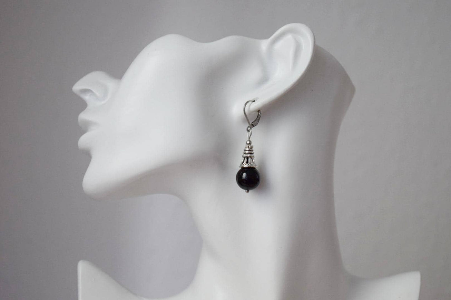 Black agate earrings, Boho gemstone drop earrings, Vintage stone dangle earrings for women, Handmade ethnic jewelry, Gift for her