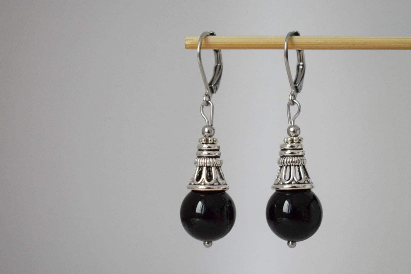 Black agate earrings, Boho gemstone drop earrings, Vintage stone dangle earrings for women, Handmade ethnic jewelry, Gift for her
