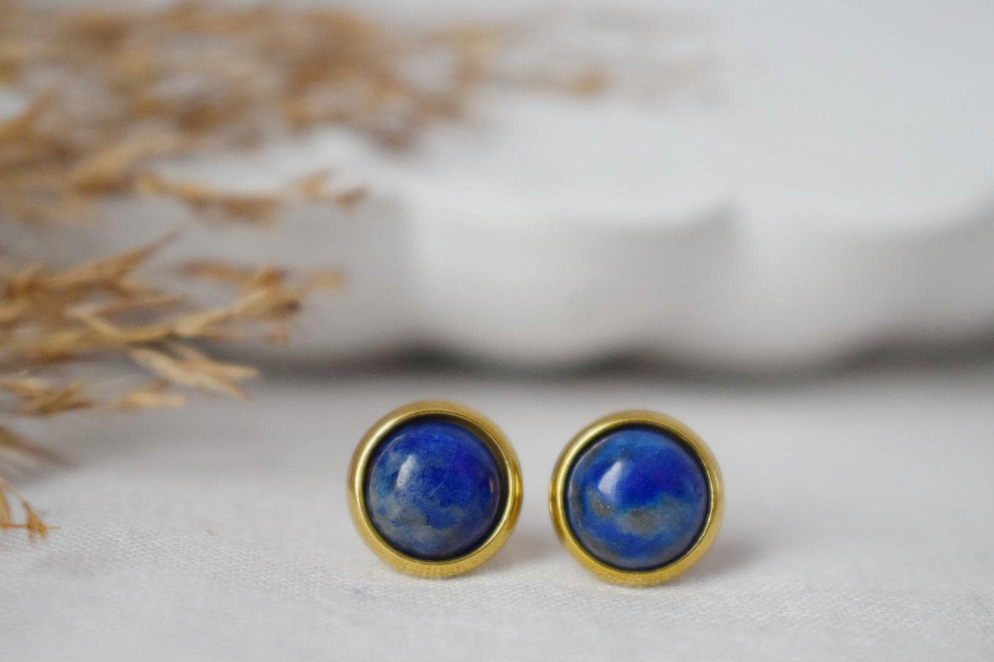 Lapis Stud Earrings Gold, Small Blue Lapis Earrings, Round, Minimalist, 8mm, Lapis Lazuli Jewelry, September Birthstone, Handmade Jewelry