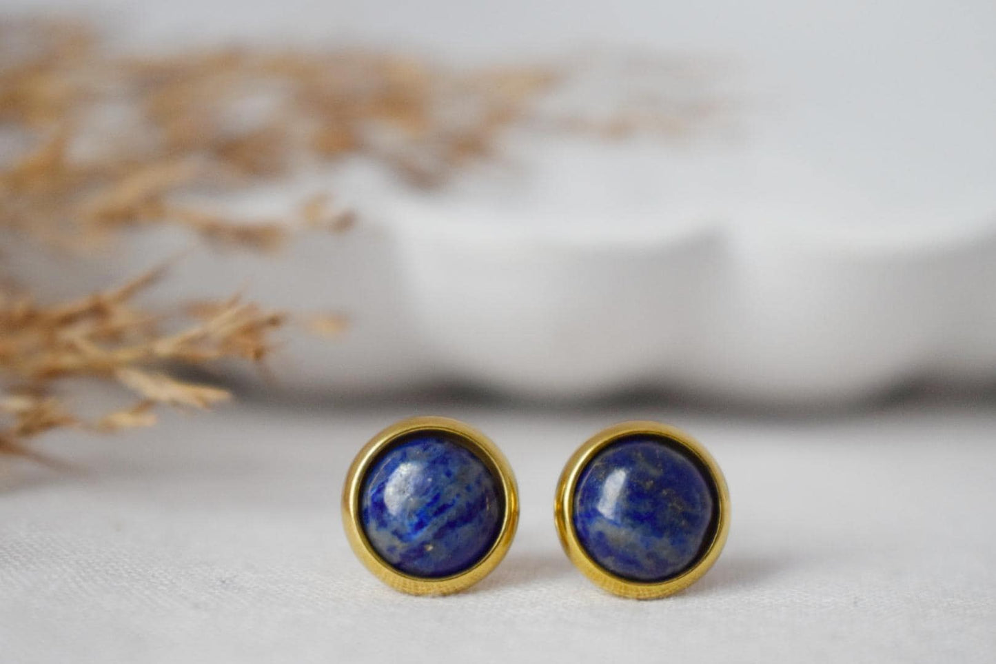Lapis Stud Earrings Gold, Small Blue Lapis Earrings, Round, Minimalist, 8mm, Lapis Lazuli Jewelry, September Birthstone, Handmade Jewelry