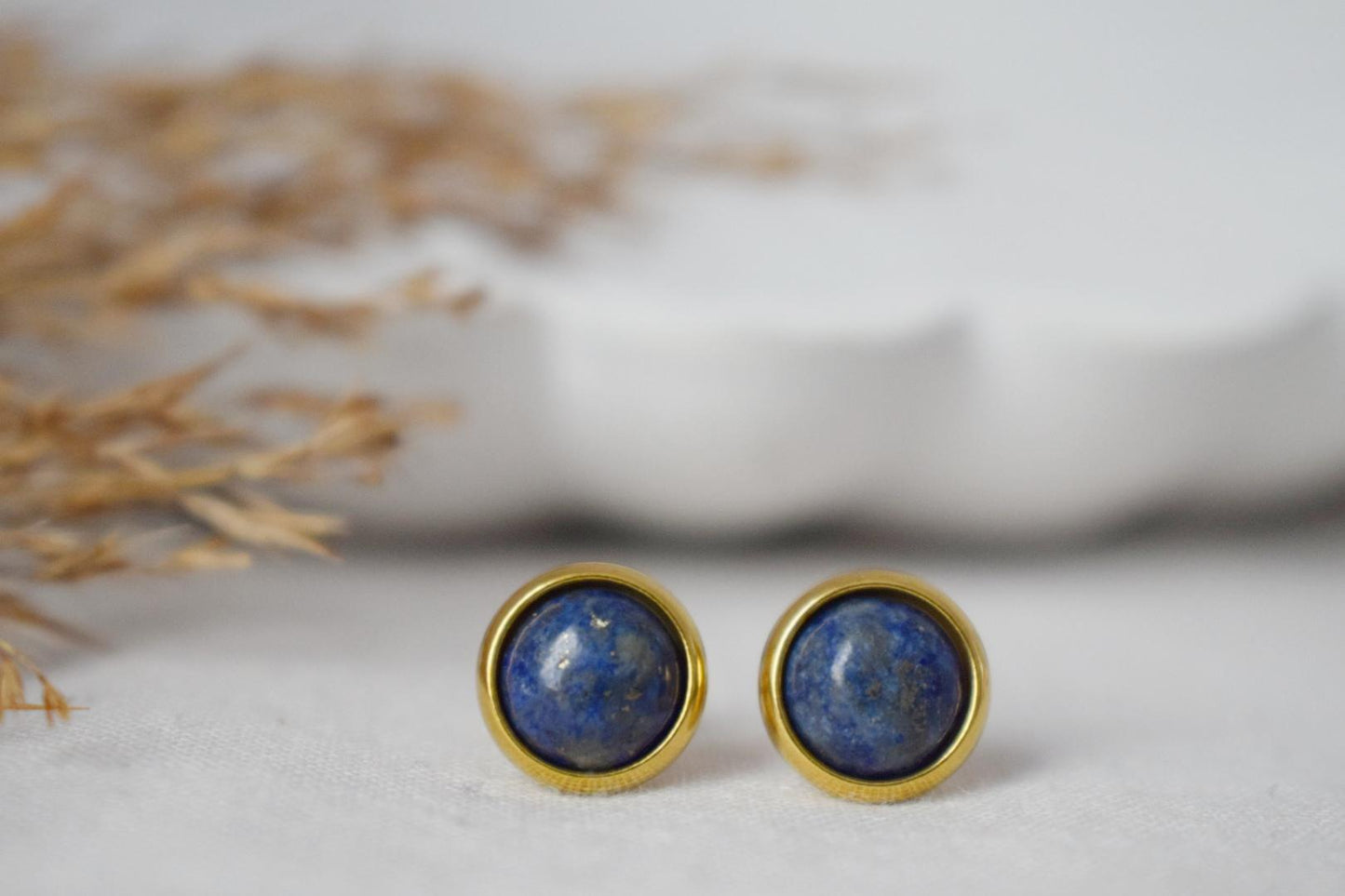 Lapis Stud Earrings Gold, Small Blue Lapis Earrings, Round, Minimalist, 8mm, Lapis Lazuli Jewelry, September Birthstone, Handmade Jewelry