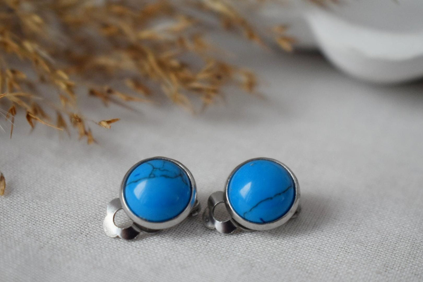 Clip on earrings turquoise, Blue gemstone ear clips, No hole earrings, Surgical stainless steel, Non pierced earrings, Jewelry Gift