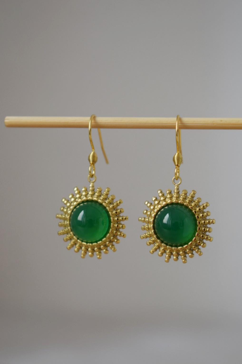 Green agate earrings, Sun rays dangling earrings, Sunburst, Gemstone earrings, Celestial jewelry, Gift for her