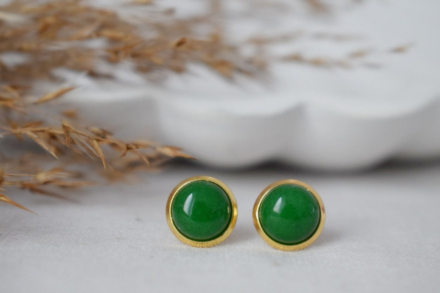 Green Jade Stud Earrings, 8mm Minimalist Gemstone Earrings, 18k Gold Plated Jewelry, Birthday Anniversary Gift For Her