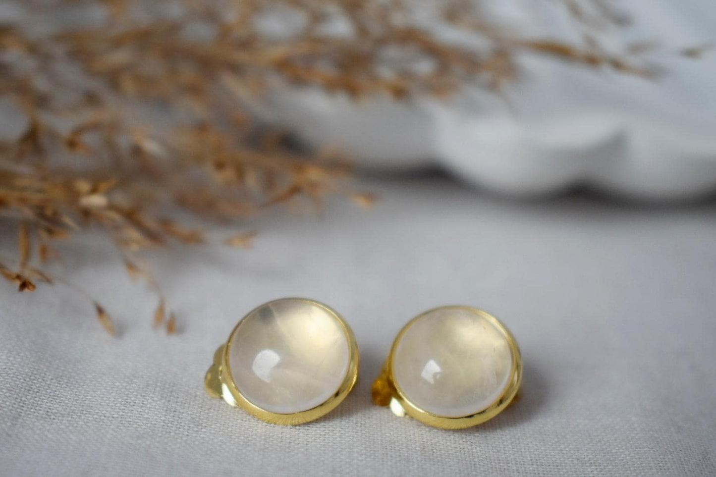 Golden clip on earrings with quartz, 12mm round gemstone, Non pierced earrings, Stainless steel jewelry, No hole earrings, Handmade gift