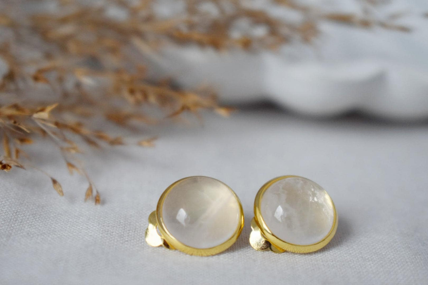 Golden clip on earrings with quartz, 12mm round gemstone, Non pierced earrings, Stainless steel jewelry, No hole earrings, Handmade gift