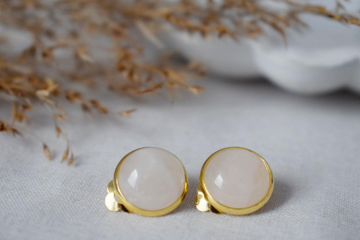 Golden clip on earrings with quartz, 12mm round gemstone, Non pierced earrings, Stainless steel jewelry, No hole earrings, Handmade gift
