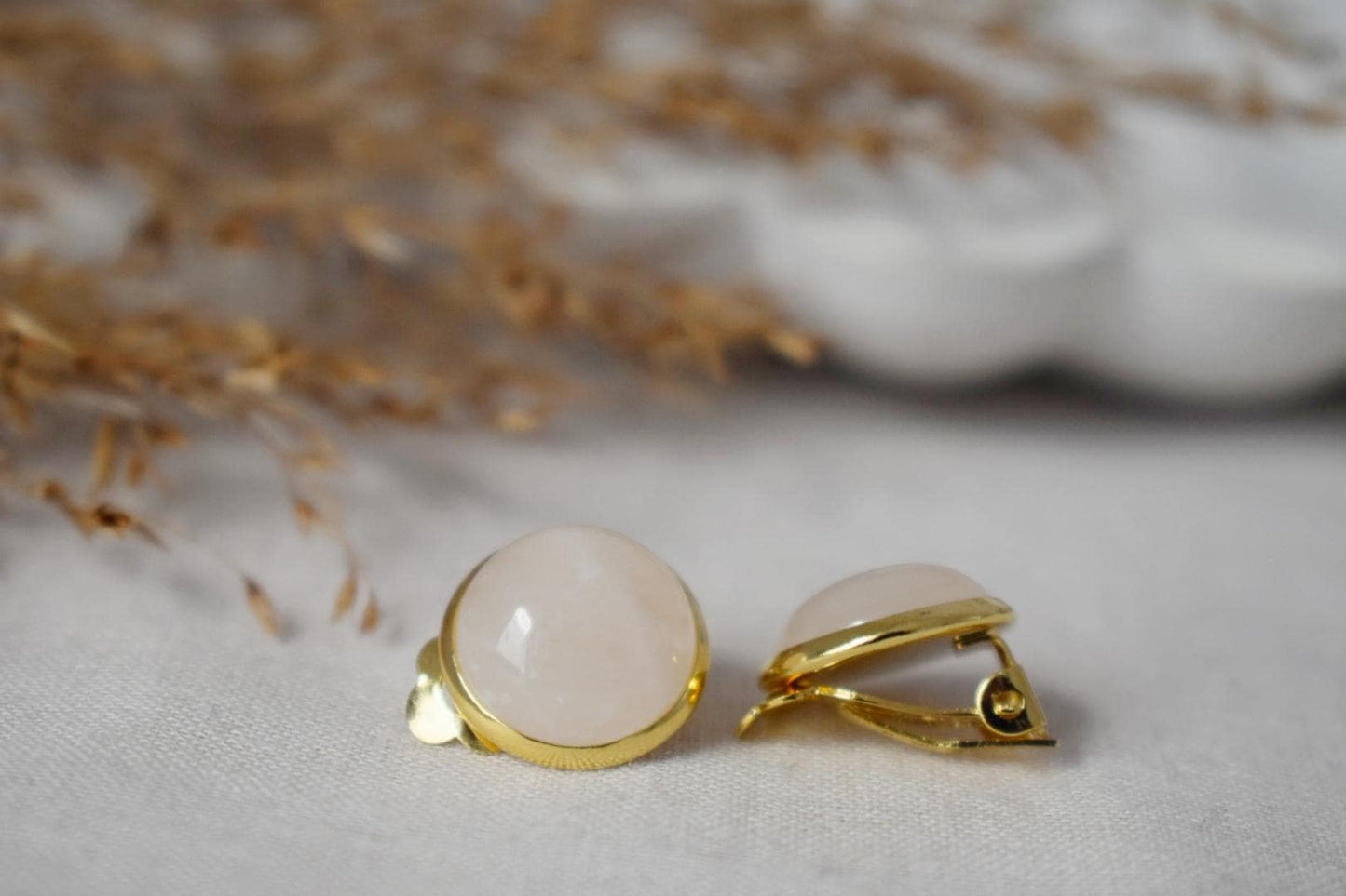Golden clip on earrings with quartz, 12mm round gemstone, Non pierced earrings, Stainless steel jewelry, No hole earrings, Handmade gift