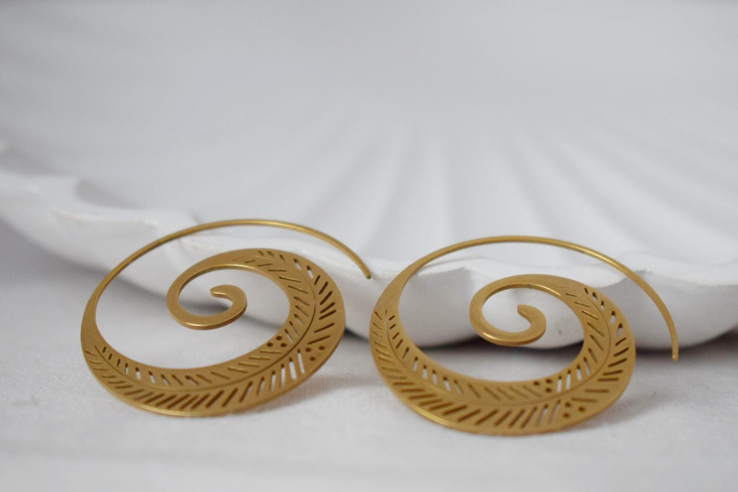 Ornament spiral hoop earrings for women, Vortex golden earrings, Stainless steel earrings, Boho filigree jewelry, Unique gift for her