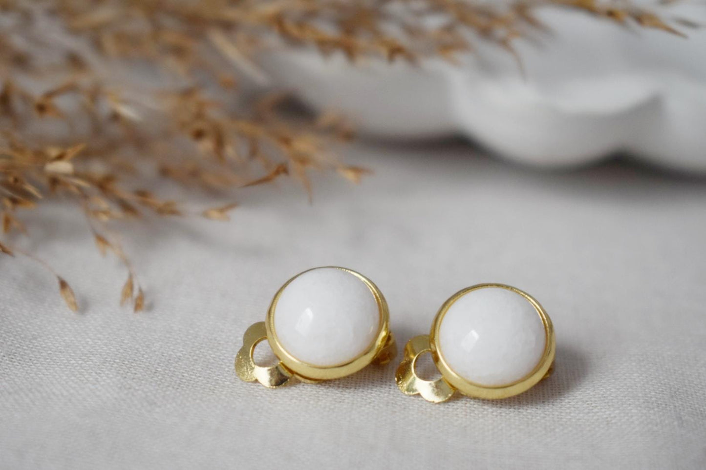 White jade clip on earrings, Golden small gemstone ear clips, Non pierced earrings, No hole earrings, Surgical stainless steel, Jewelry gift