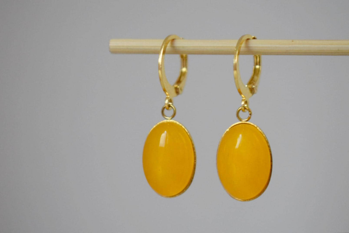 Yellow Jade Gemstone Earrings, Boho Chic Golden Huggie Hoops, Dangle Drop Stone Earrings For Women, Lightweight Jewelry, Gift For Her
