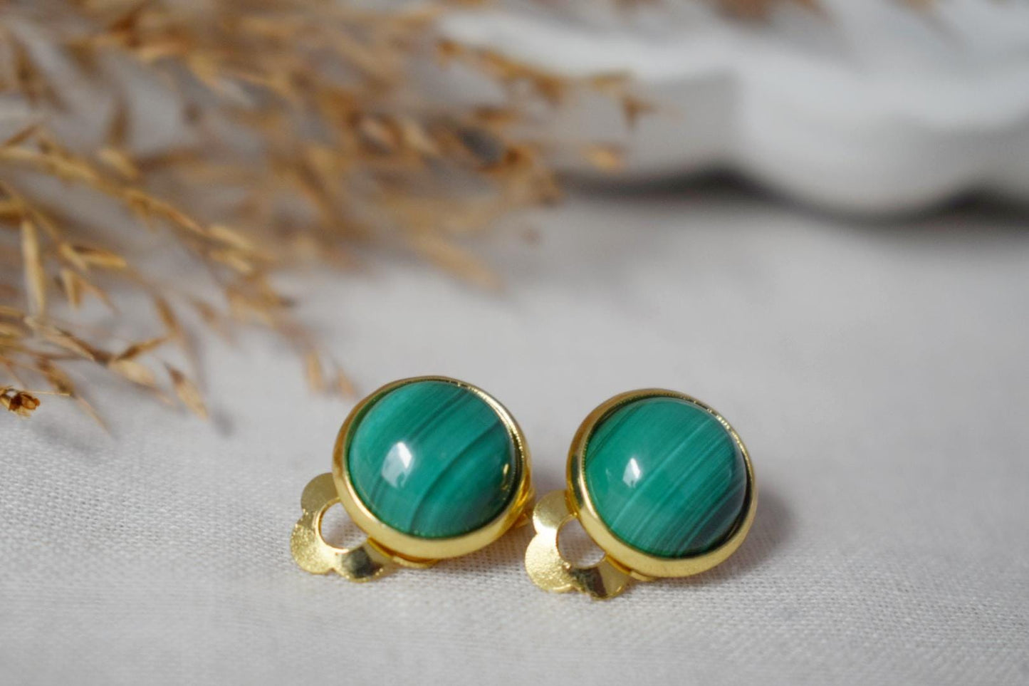 Malachite Clip on earrings women, Small Green gemstone ear clips, Surgical stainless steel, Natural stone, Non pierced, No hole earrings