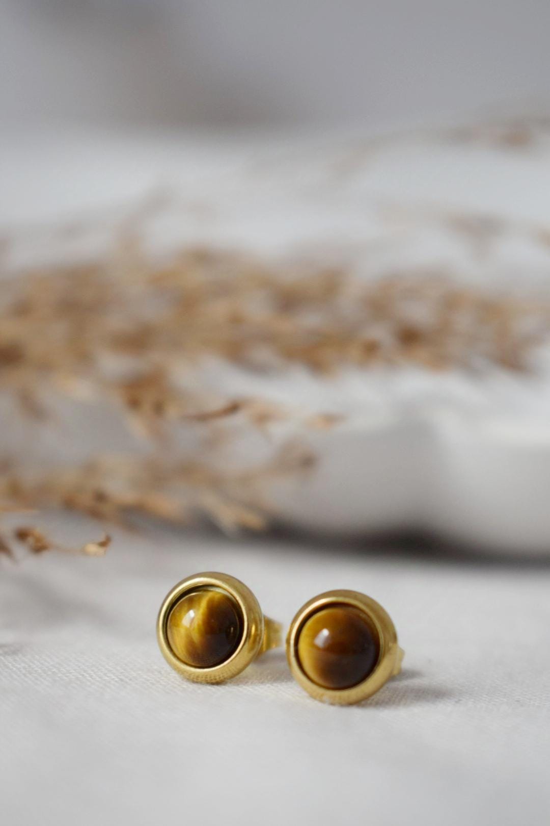 Mini Tiger Eye Stud Earrings, Gold Plated Gemstone 6mm Earrings, Small Brown Stone, Minimalist Tigers Eye Chakra Jewelry, Gift For Her