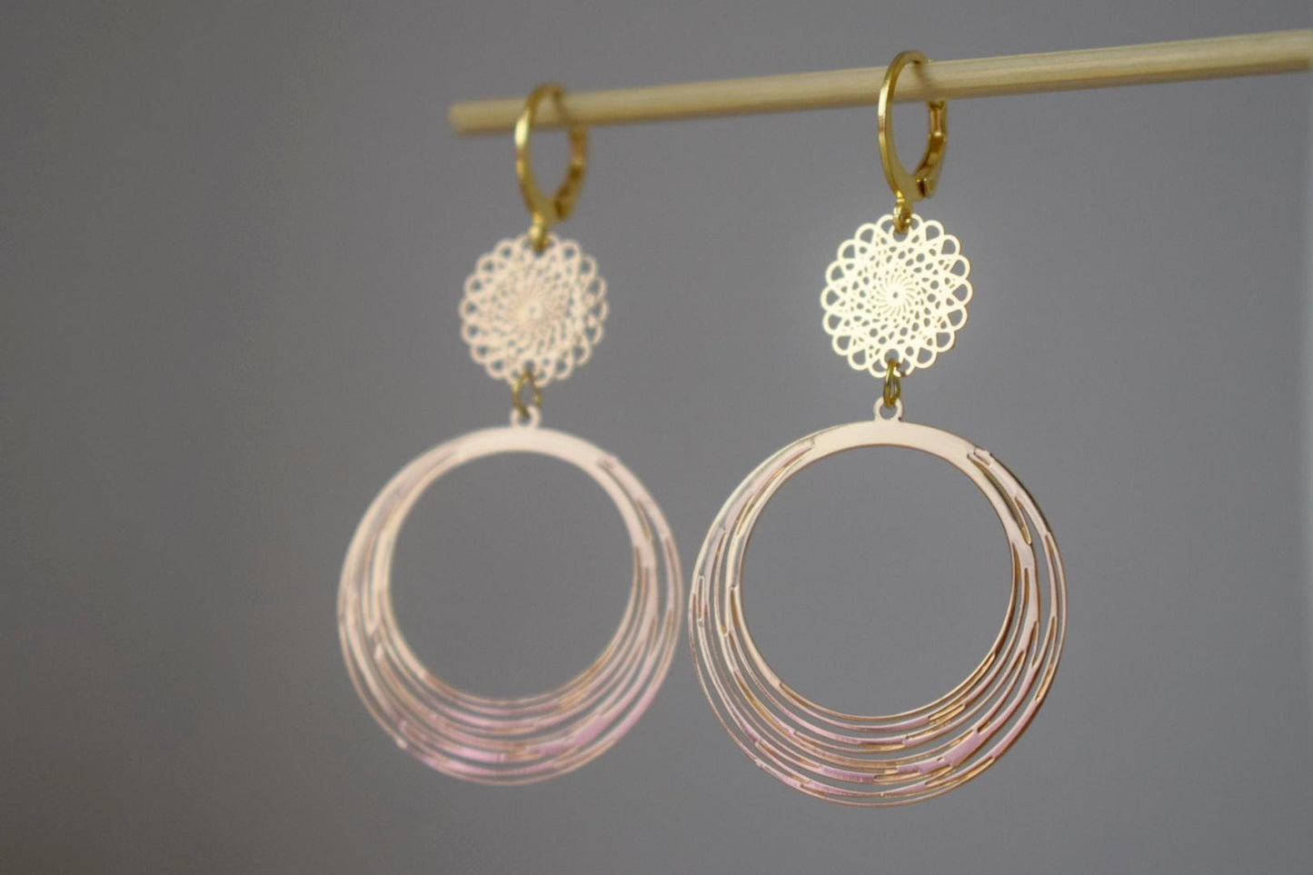 Ornament earrings for women, Mandala earrings, 24k gold plated stainless steel huggie, Boho filigree hoops, Unique jewelry, Gift for her