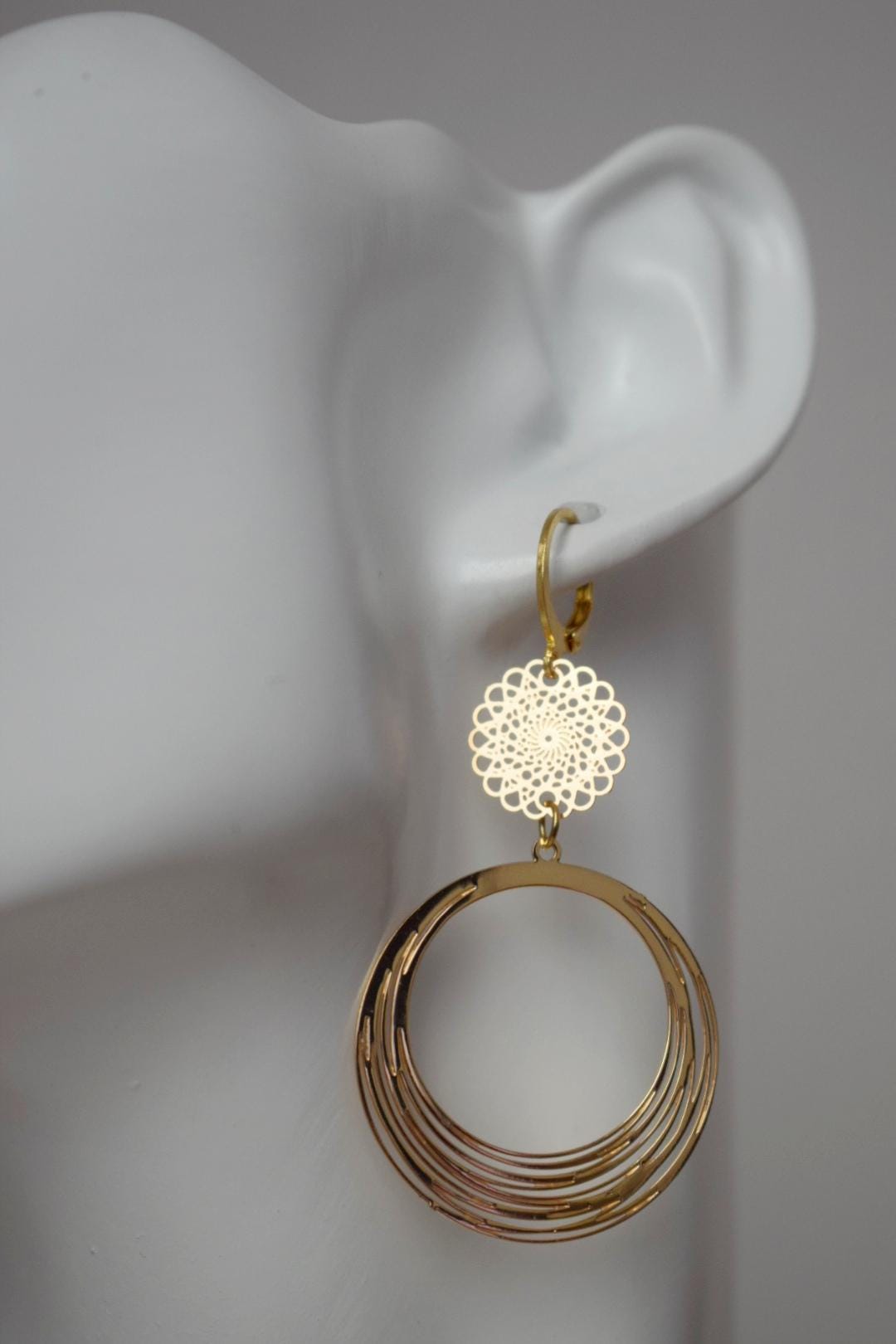 Ornament earrings for women, Mandala earrings, 24k gold plated stainless steel huggie, Boho filigree hoops, Unique jewelry, Gift for her