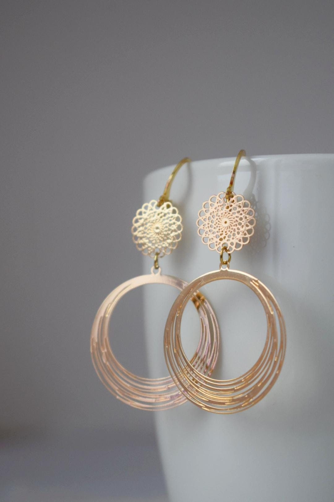 Ornament earrings for women, Mandala earrings, 24k gold plated stainless steel huggie, Boho filigree hoops, Unique jewelry, Gift for her