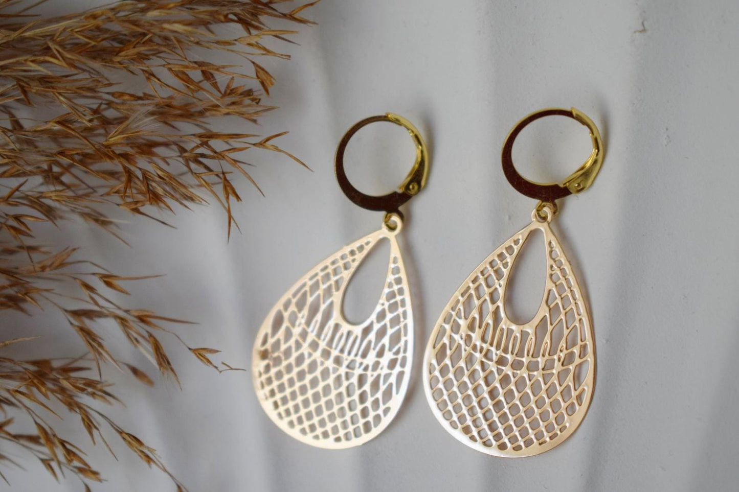 Teardrop ornament earrings for women, Boho filigree lightweight earrings, 24k gold plated stainless steel huggie hoops, Unique jewelry