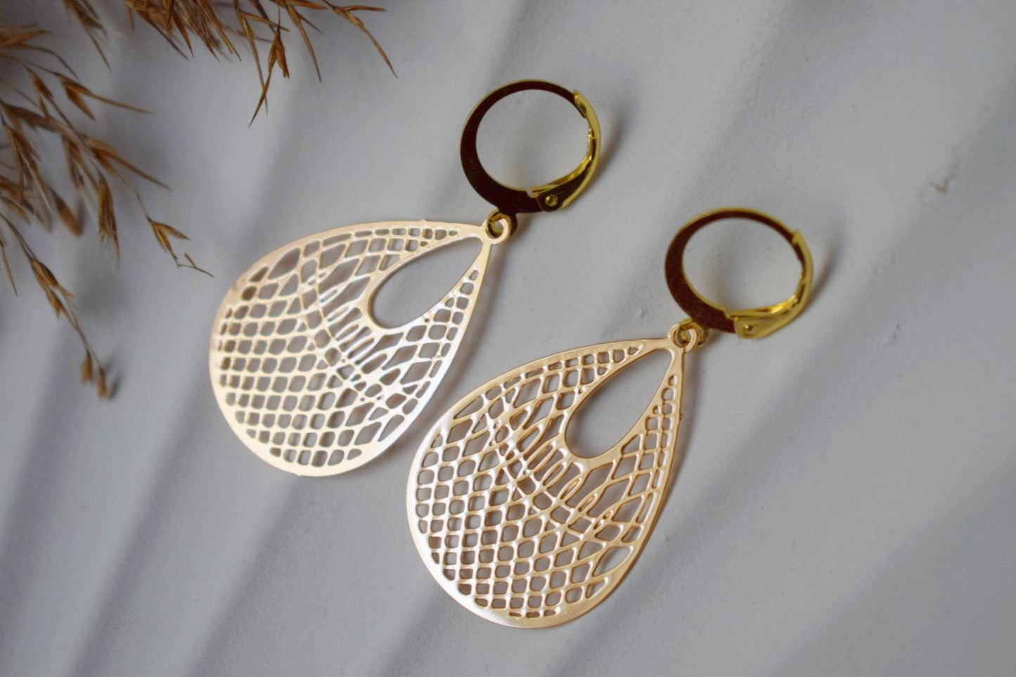 Teardrop ornament earrings for women, Boho filigree lightweight earrings, 24k gold plated stainless steel huggie hoops, Unique jewelry