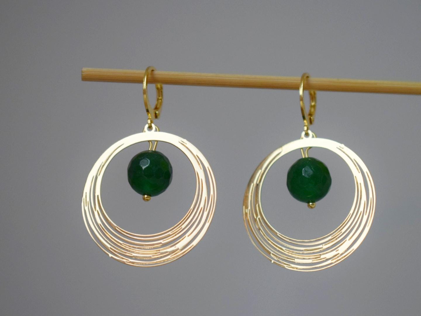 Green Jade Earrings, Gemstone Faceted Ball Hoops, Golden Circle Pendant Dangle Earrings, Minimalist Art Deco Jewelry, Handmade Gift for her