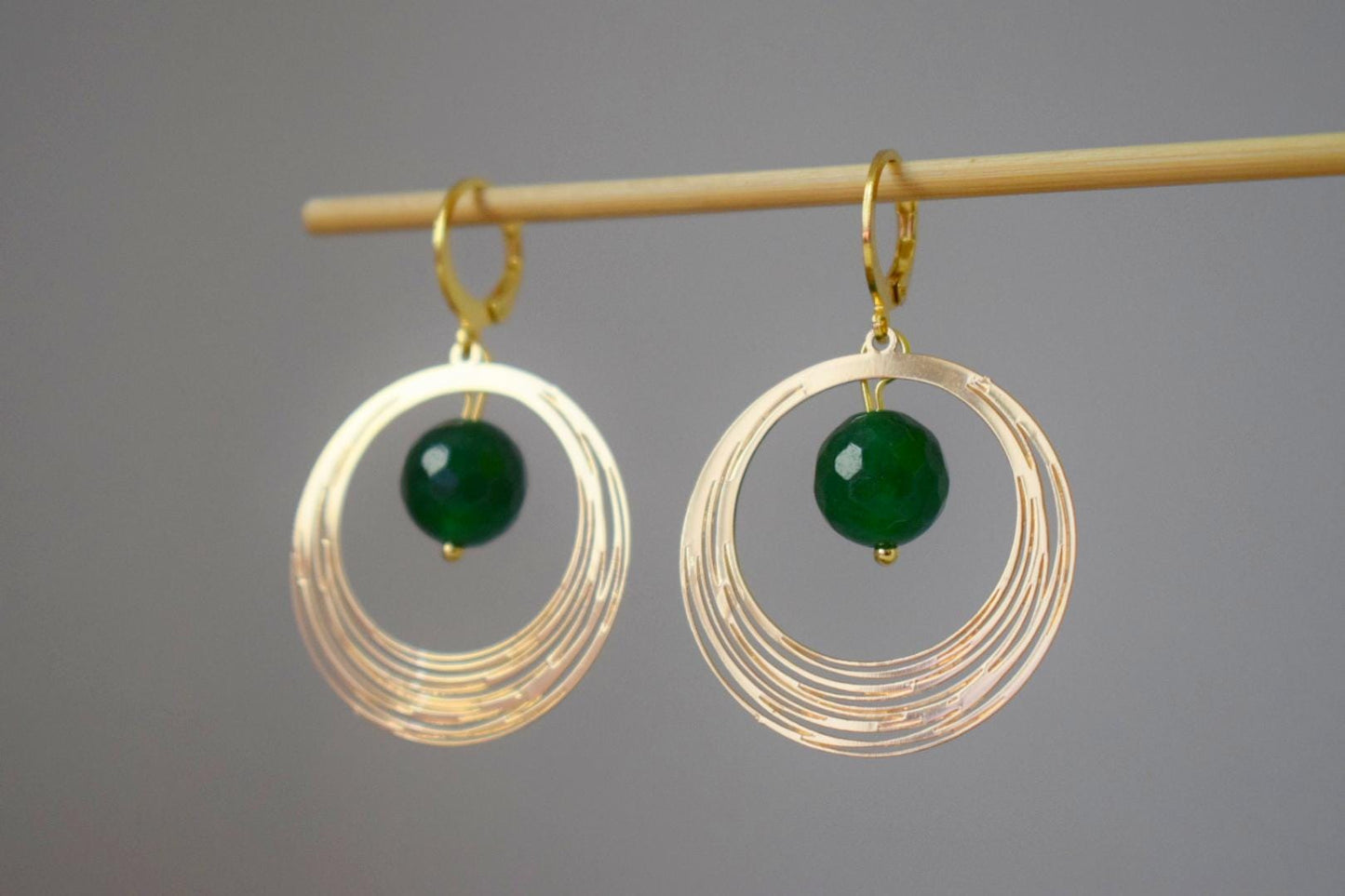 Green Jade Earrings, Gemstone Faceted Ball Hoops, Golden Circle Pendant Dangle Earrings, Minimalist Art Deco Jewelry, Handmade Gift for her