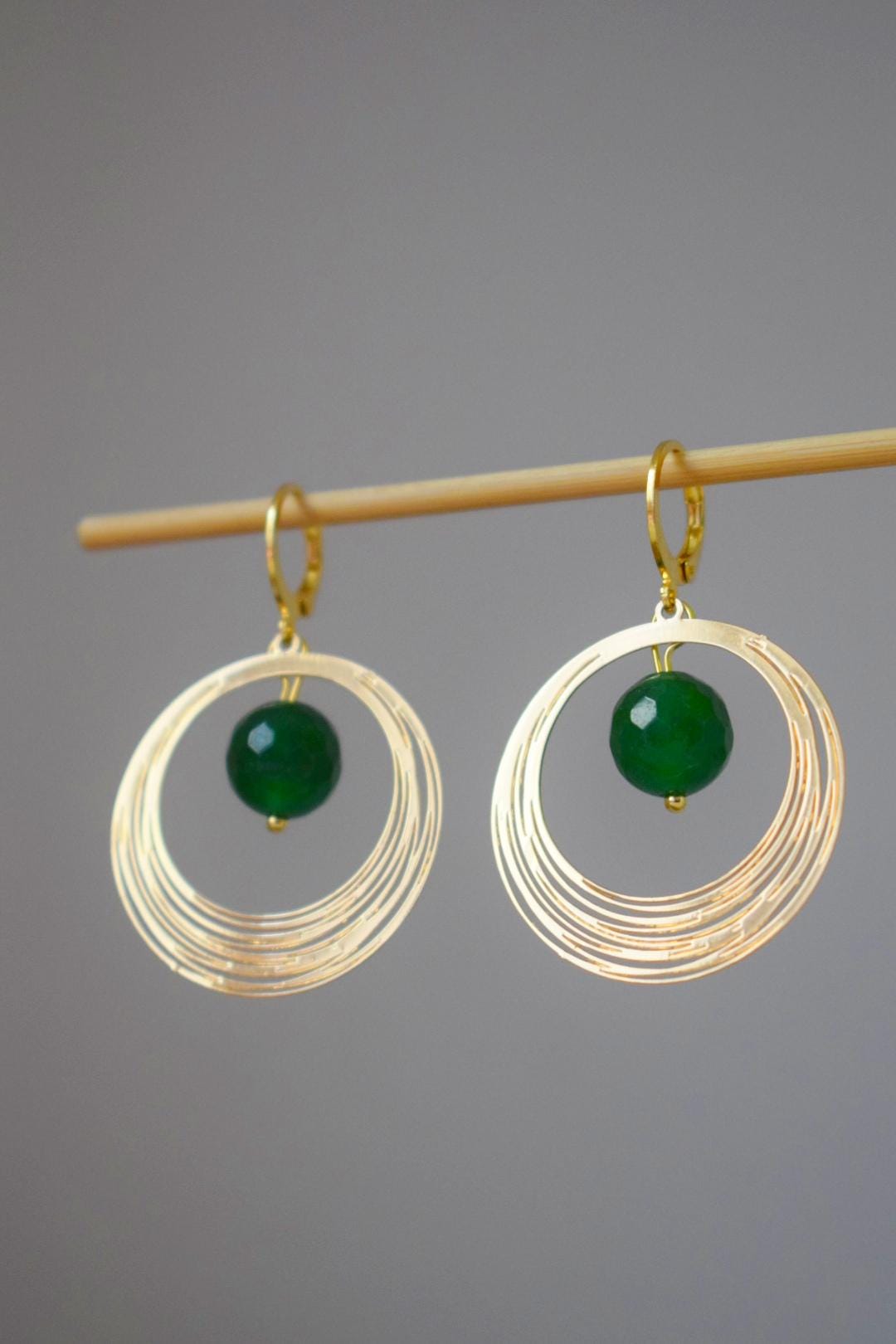 Green Jade Earrings, Gemstone Faceted Ball Hoops, Golden Circle Pendant Dangle Earrings, Minimalist Art Deco Jewelry, Handmade Gift for her
