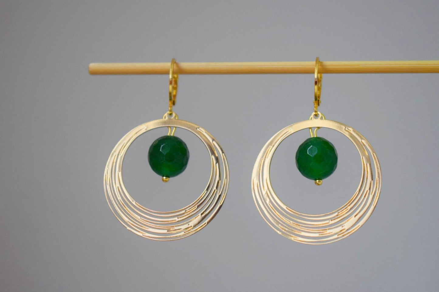 Green Jade Earrings, Gemstone Faceted Ball Hoops, Golden Circle Pendant Dangle Earrings, Minimalist Art Deco Jewelry, Handmade Gift for her