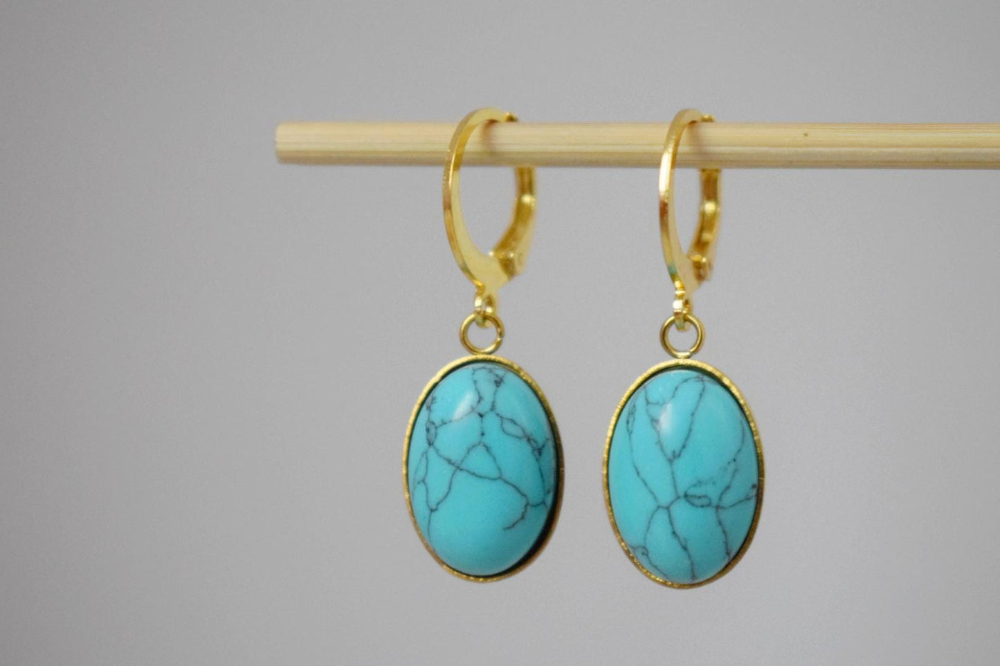 Turquoise Huggie Hoop Earrings, Oval Blue Gemstone Hangings, Boho Dangle Lightweight Earrings, Unique Minimalist Jewelry, Best Gift For Her