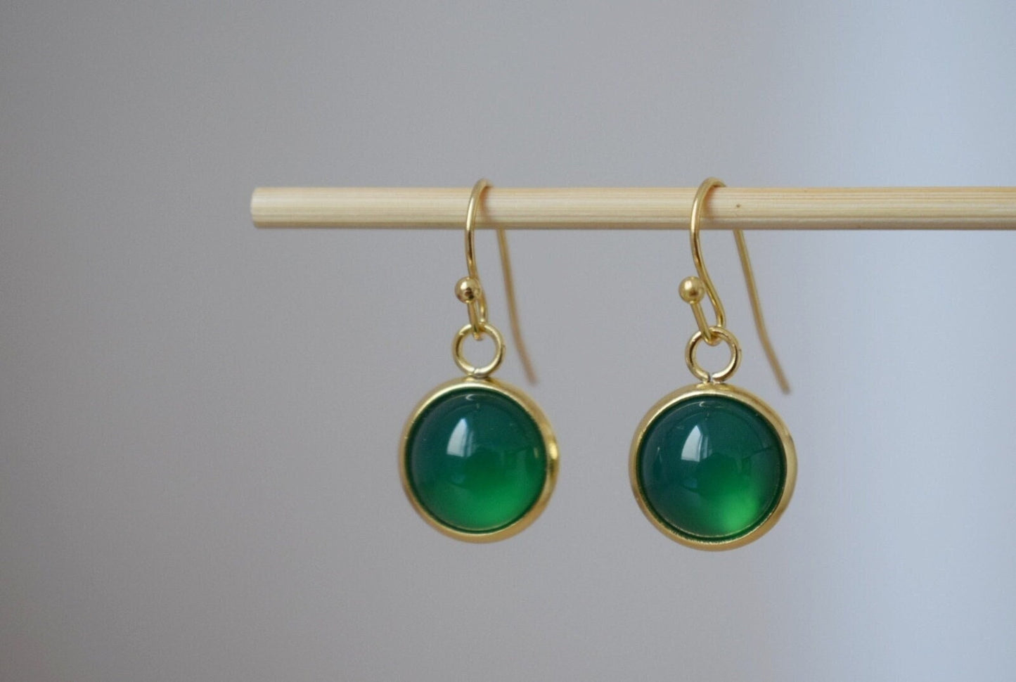 Green agate earrings, Small gemstone dangle earrings, Round 24k gold plated stainless steel pendant huggies, Minimalist jewelry gift for her