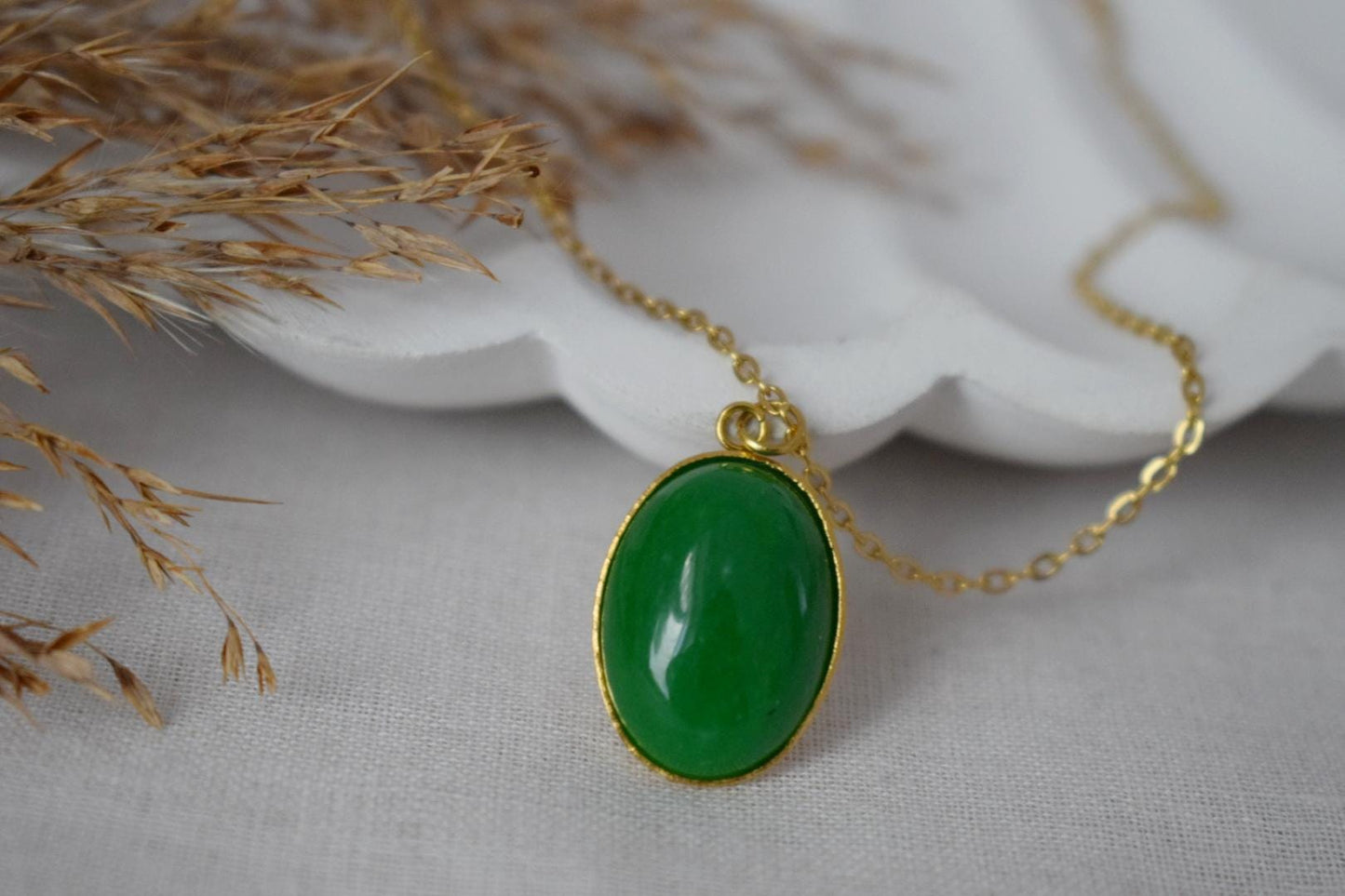 Green jade necklace gold for women, Oval pendant gemstone necklace, Statement necklace, Green stone pendant, Handmade jewelry gift for her