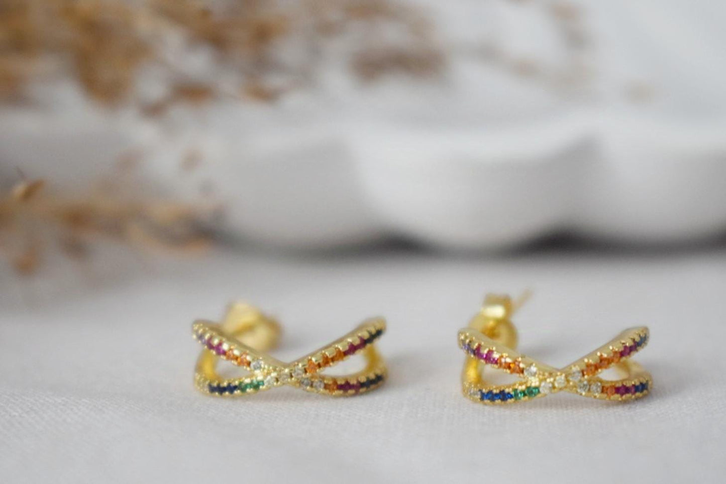 Colorful cubic zirconia stud earrings, Gold plated cz stud earrings, Classic earrings, Women unique jewelry, Christmas gift for her