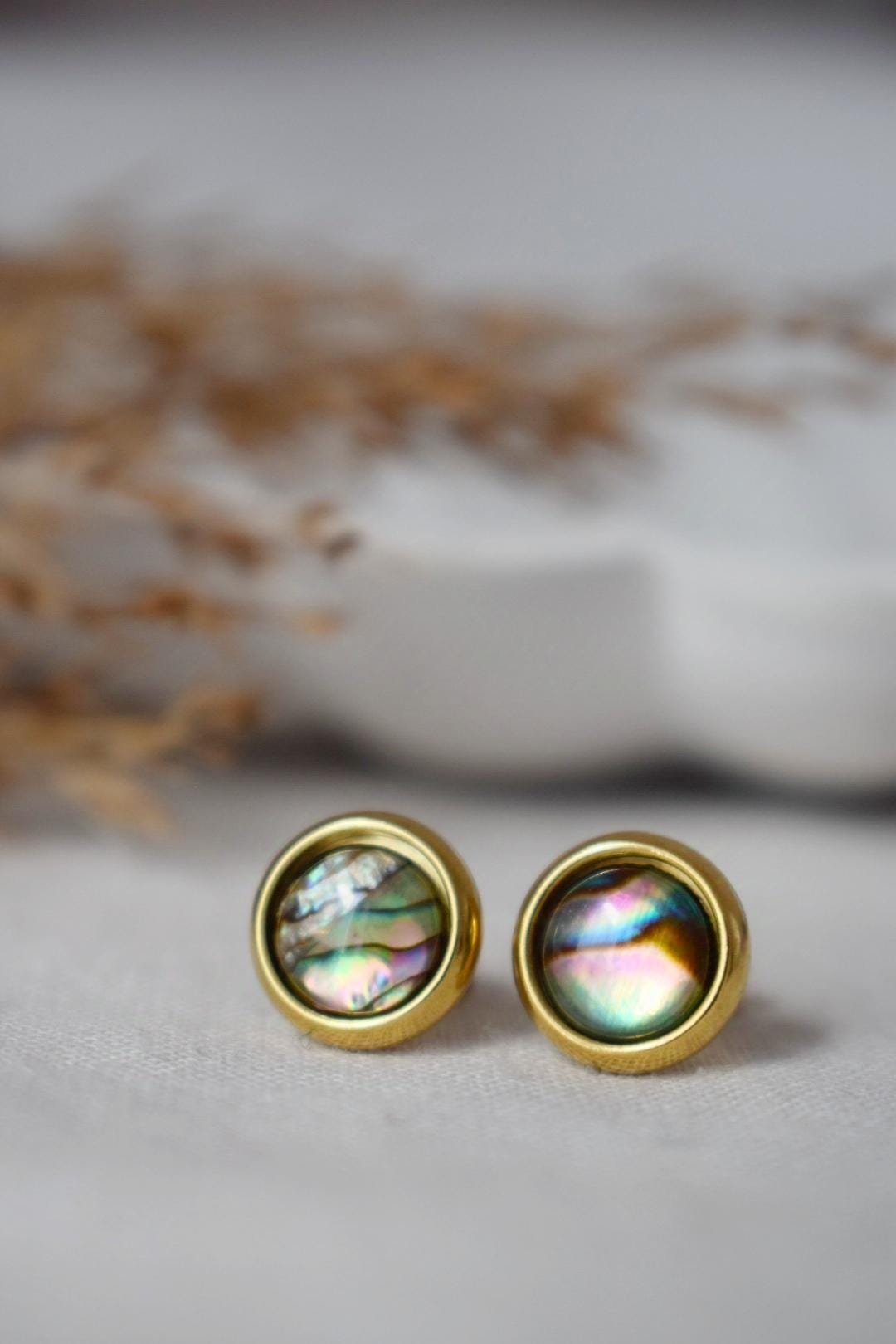 Abalone shell stud earrings gold, Small colorful mother of pearl stud earrings, 8mm studs, Round, Abalone pearl gold jewelry, Gift for women