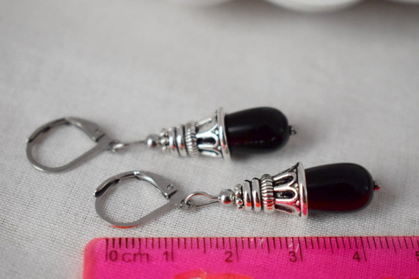 Black Onyx teardrop earrings, Black gemstone silver drop earrings, Vintage stone dangle earrings for women, Handmade jewelry gift for her