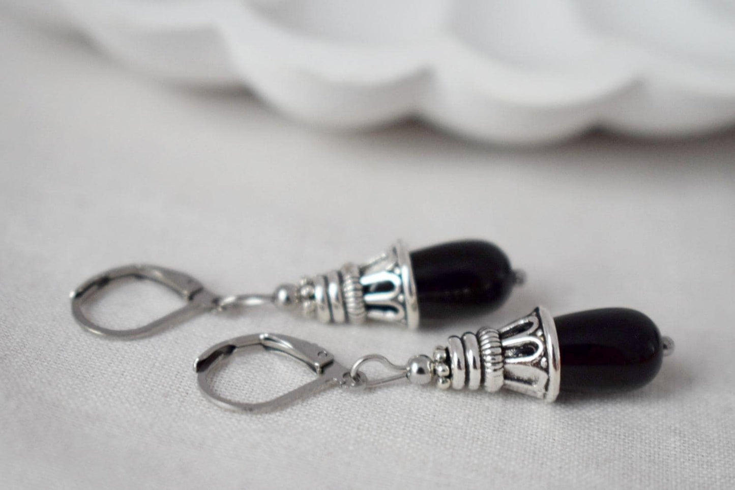 Black Onyx teardrop earrings, Black gemstone silver drop earrings, Vintage stone dangle earrings for women, Handmade jewelry gift for her