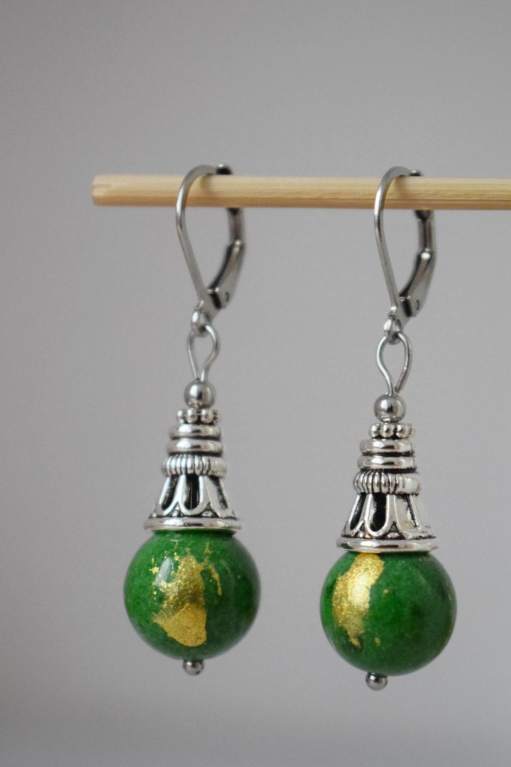 Green jade earrings, Boho gemstone hoop earrings, Vintage dangle and drop earrings, Unique bohemian jewelry, Gift for women