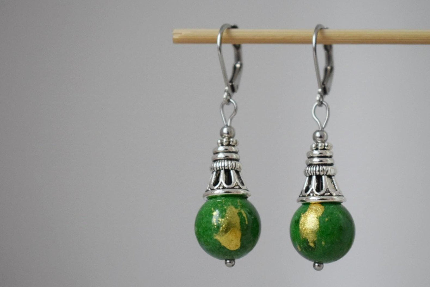 Green jade earrings, Boho gemstone hoop earrings, Vintage dangle and drop earrings, Unique bohemian jewelry, Gift for women